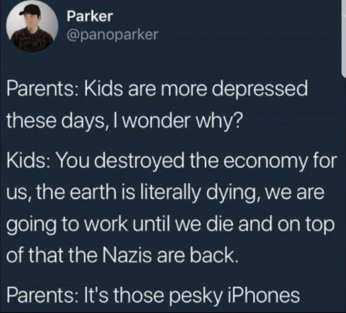 Parker @panoparker

Parents: Kids are more depressed these days, I wonder why?

Kids: You destroyed the economy for us, the earth is literally dying, we are going to work until we die and on top of that the Nazis are back.

Parents: It's those pesky iPhones