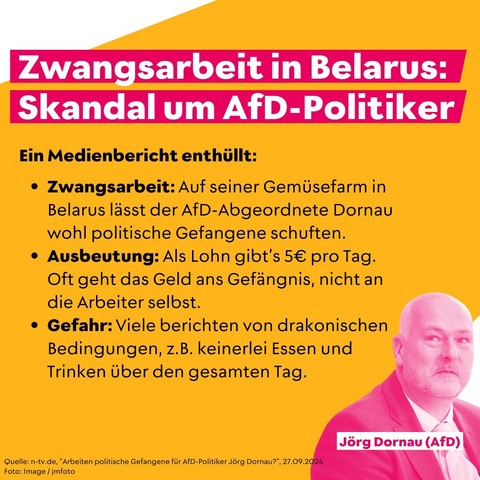 Zwangsarbeit in Belarus: Skandal um AfD-Politiker

Ein Medienbericht enthüllt:

• Zwangsarbeit: Auf seiner Gemüsefarm in Belarus lässt der AfD-Abgeordnete Dornau wohl politische Gefangene schuften.

• Ausbeutung: Als Lohn gibt's 5€ pro Tag. Oft geht das Geld ans Gefängnis, nicht an die Arbeiter selbst.

• Gefahr: Viele berichten von drakonischen Bedingungen, z. B. keinerlei Essen und Trinken über den gesamten Tag.

Quelle: n-tv.de, 